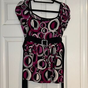 INC International Concepts Pink and Black Circle Print Blouse